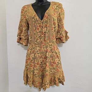 anthropologie OLIVACEOUS size Medium Floral Boho V Neck Romper Mustard Festival